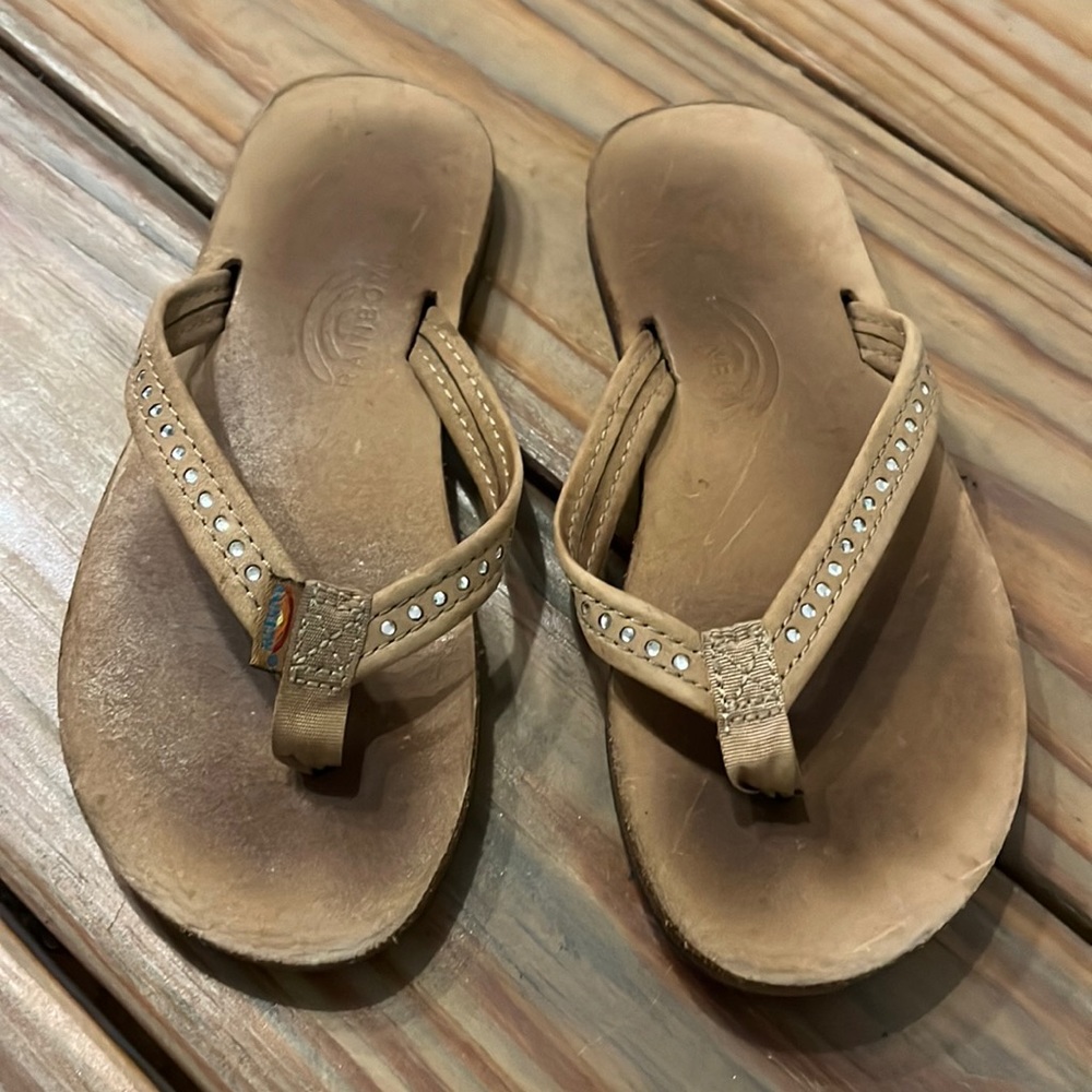 Rainbow Kids Tan Flip Flop Sandals with Rhinestone Straps